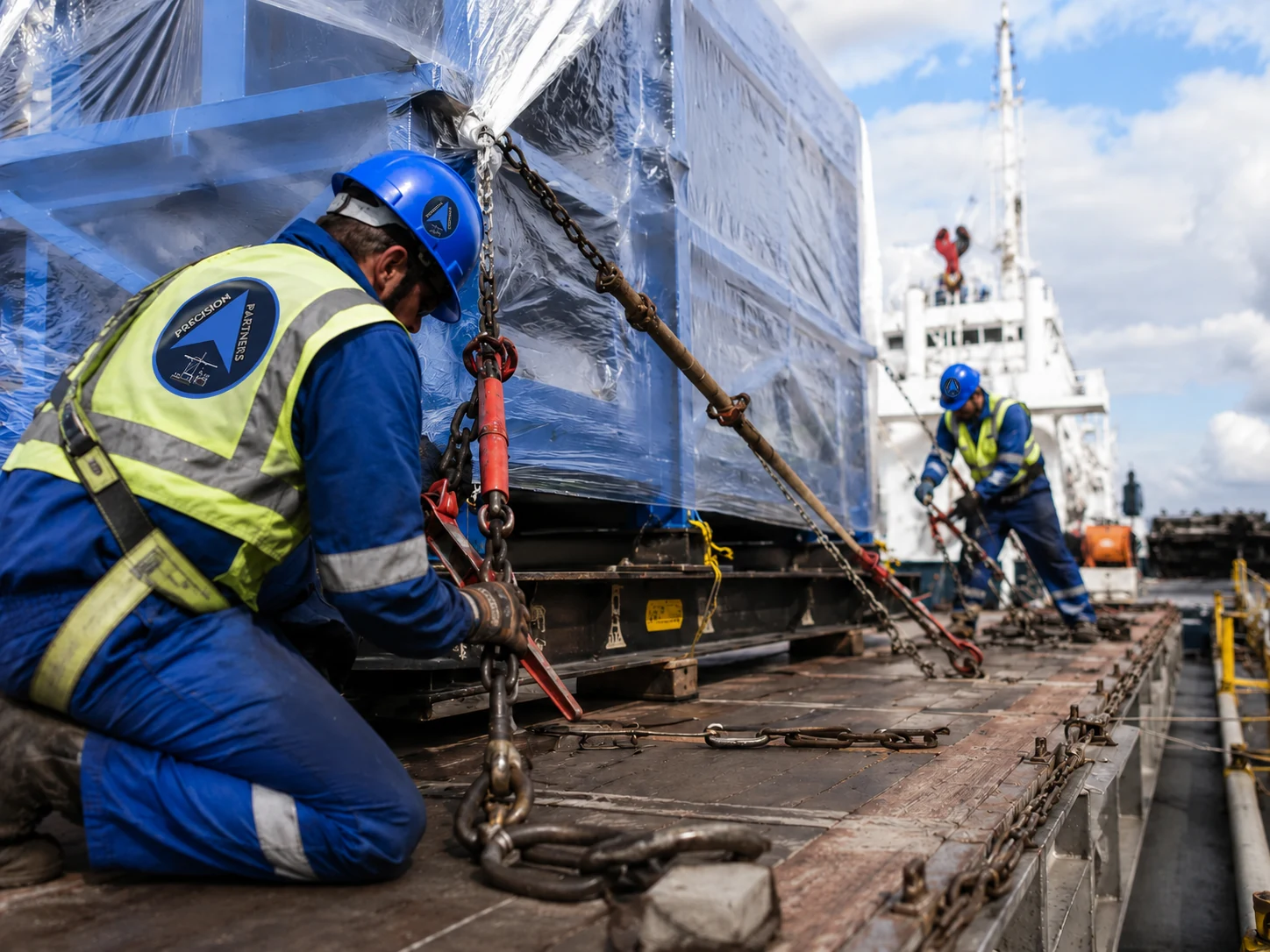 Workers securing project cargo with lashing equipment