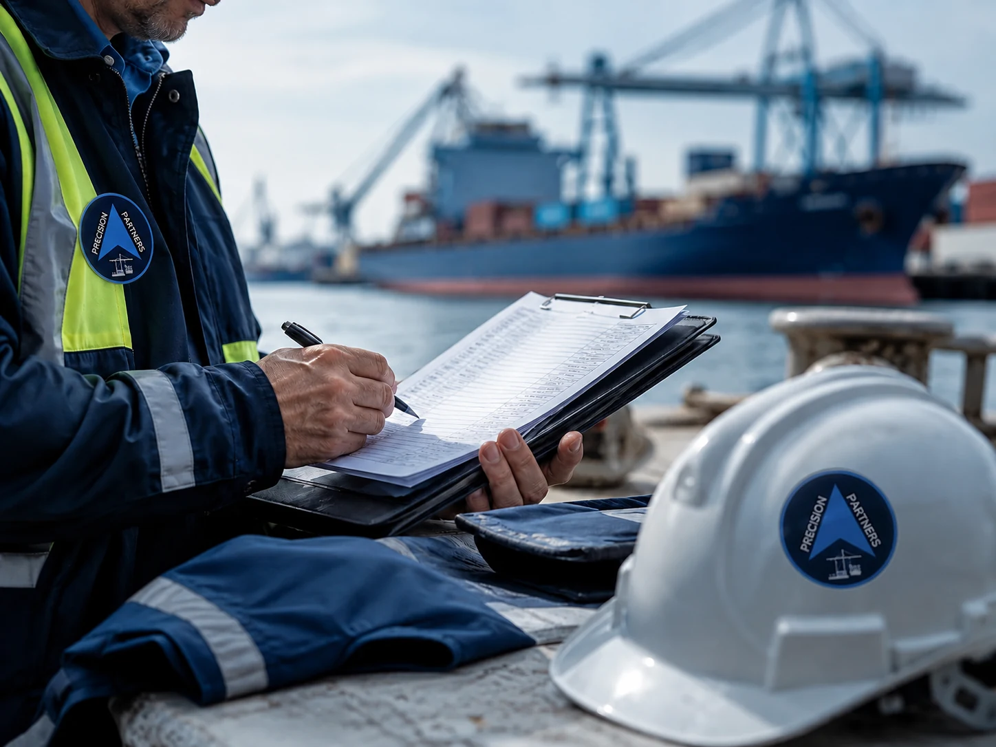 Inspection checklist and safety gear at the port